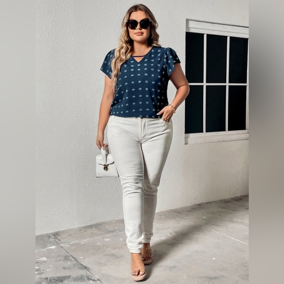 Plus Size Swiss Dot V-Neck Flutter Sleeve Tee Peacock Blue - Picture 6 of 6